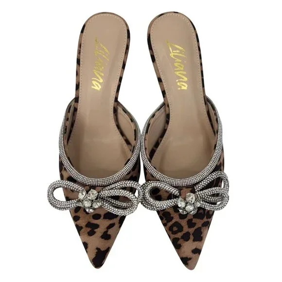 LILIANA / Romantic-1 Leopard Print / Pointed Toe Mules With Rhinestone Bow Embel - Picture 4 of 9